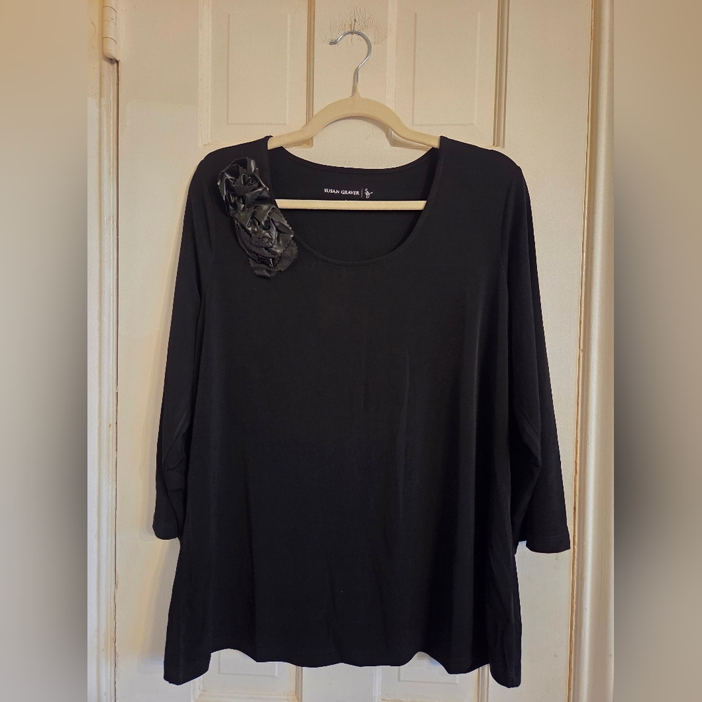 Susan Graver Black Women's Top with Floral Accent